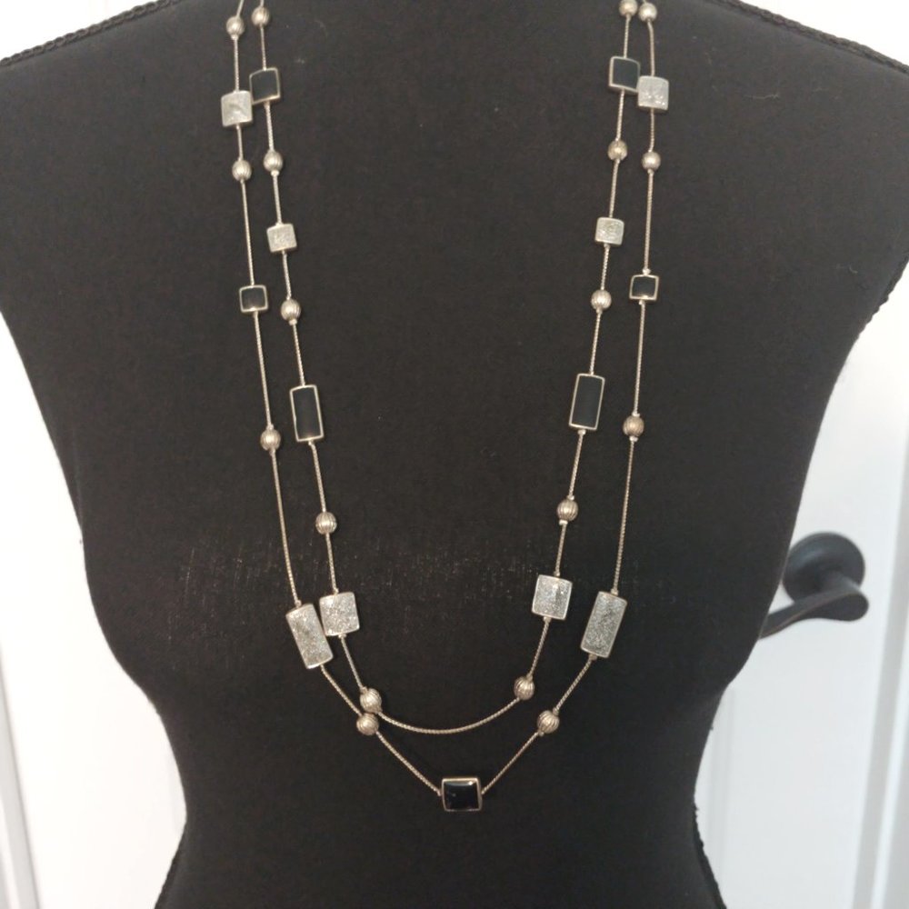 2 Strand Fashion Necklace - Oxidized Silver Finish w/ Black and Silver Beads